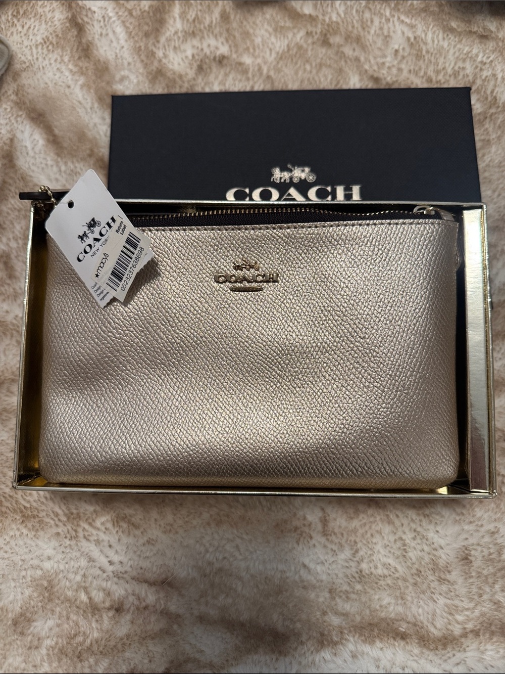 Coach Metallic Champagne Leather Zip Cosmetic Pouch